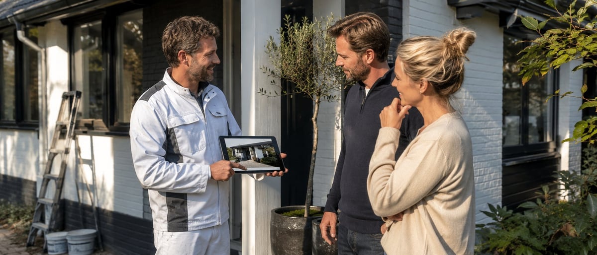Tradesman in work shirt showing tablet to couple outside modern home entrance