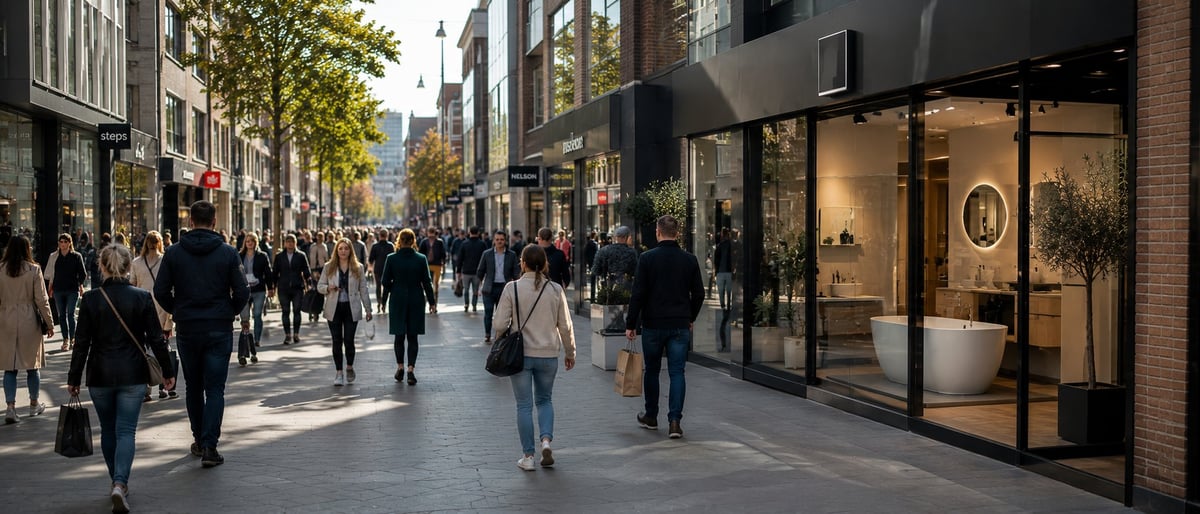 Crowded urban shopping street with pedestrians walking past storefronts and modern buildings on a sunny day