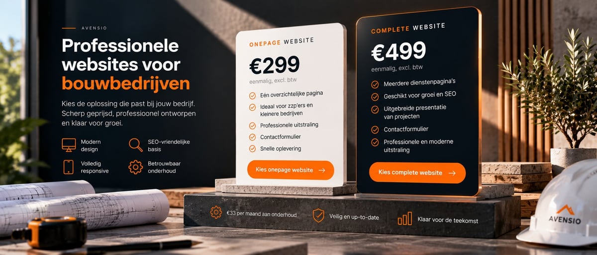 Three website package pricing cards displayed on a desk with a construction theme, featuring two plans at 299 and 499 euros with orange call-to-action buttons