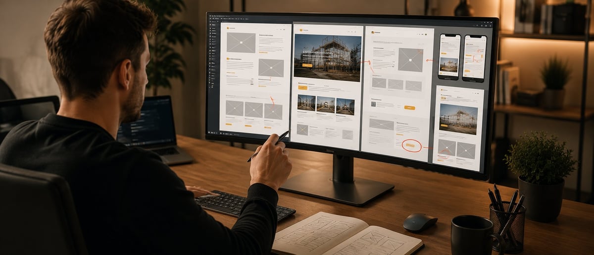 Designer working at desk with multi-monitor display showing website and layout mockups for construction company