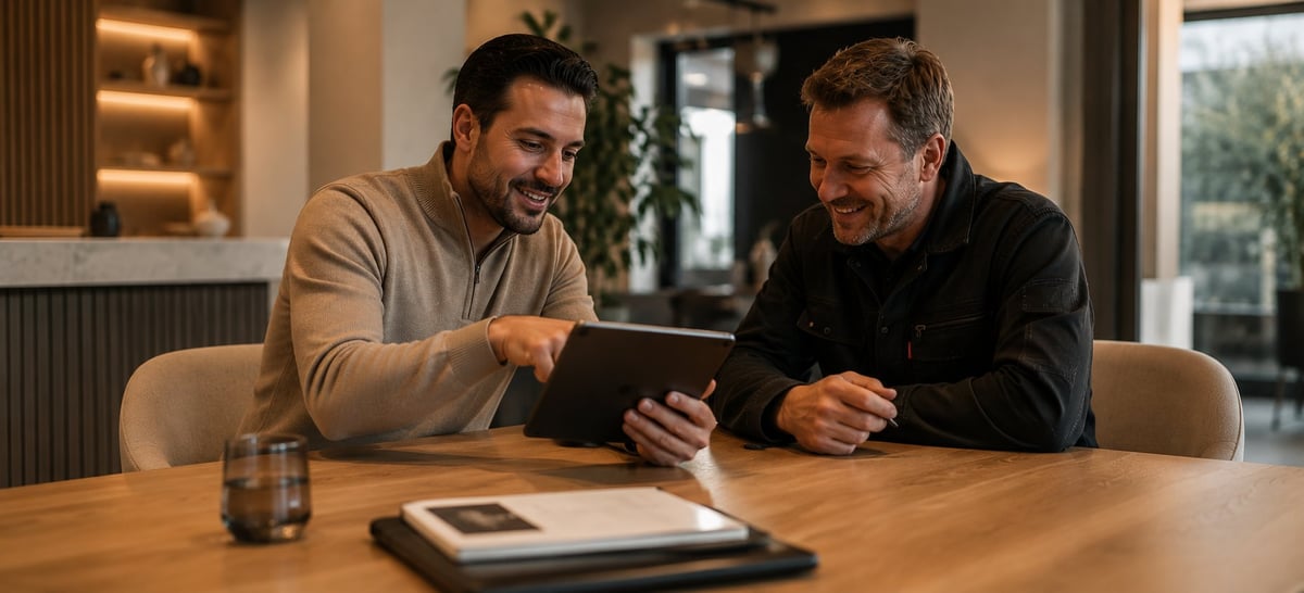 Two men sitting at a wooden table reviewing a tablet together in a modern office setting — marketing consultant discussing website with contractor