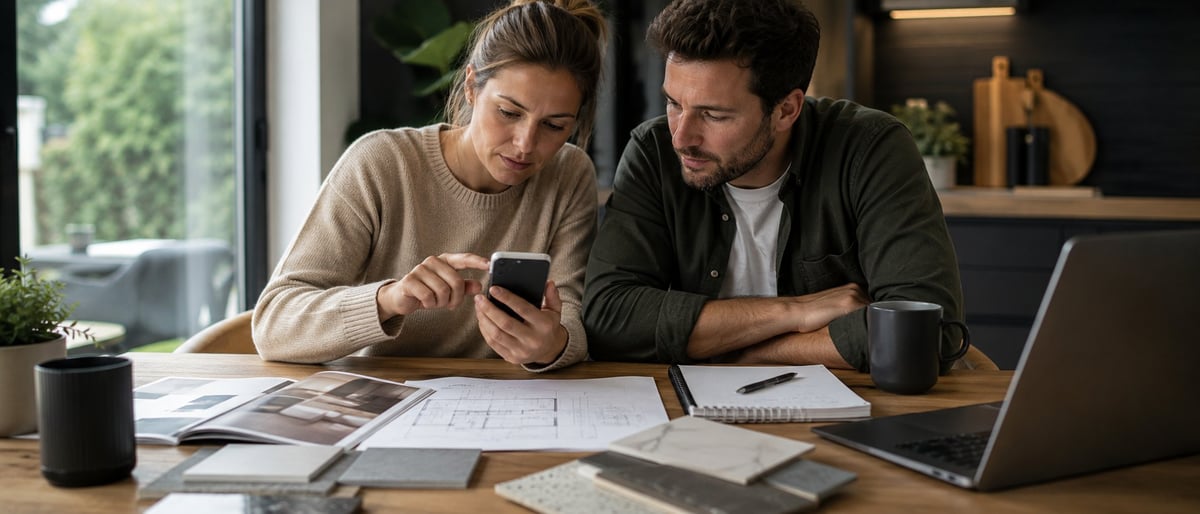 Two men collaborate at a desk reviewing documents on a smartphone with a laptop and coffee nearby