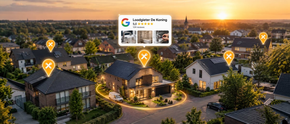 Luchtfoto van een woonwijk bij zonsondergang met locatiepinnen en een Google Bedrijfsprofiel-kaart — één vakbedrijf dat lokaal opvalt tussen de concurrentie