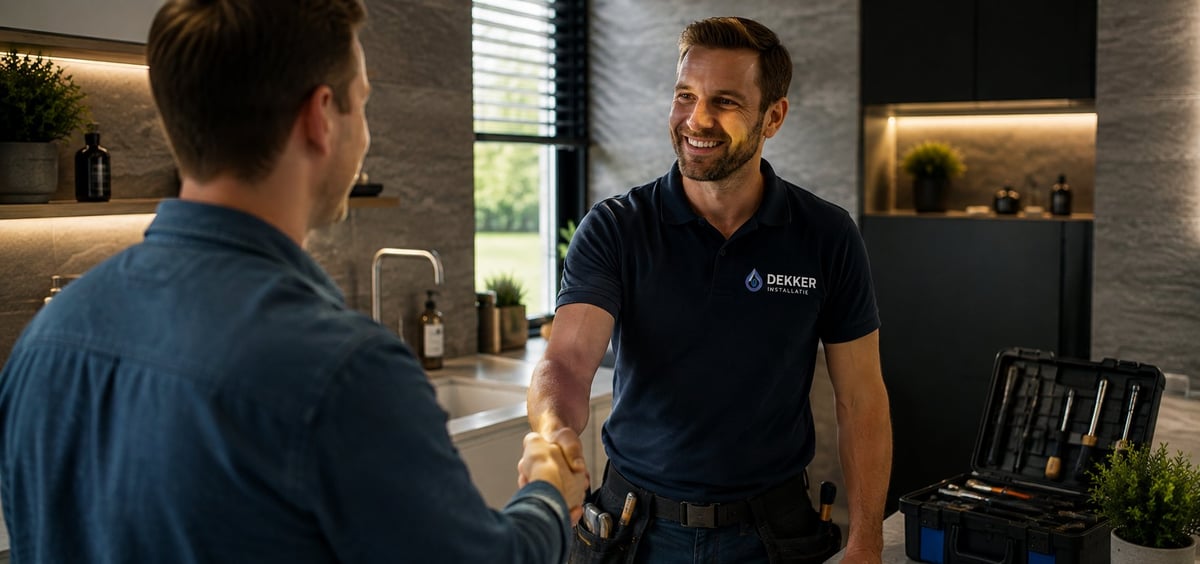 Vakman in werkkleding schudt de hand van een tevreden klant in een moderne keuken — professioneel vakmanschap en klantcontact