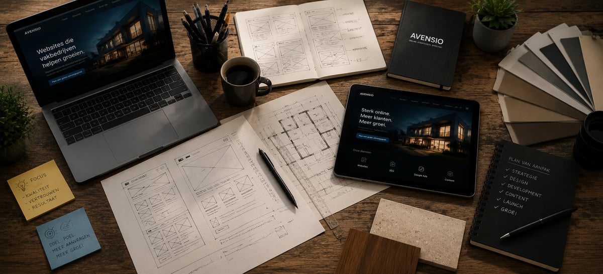 Overhead view of an architect's desk with laptop, tablet, floor plans, design books, coffee cup, and sketches on wooden surface, comparing website design offers