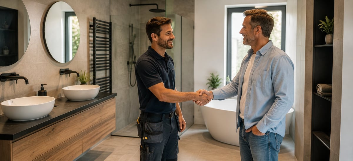 Plumber in black uniform shaking hands with customer in modern bathroom showroom