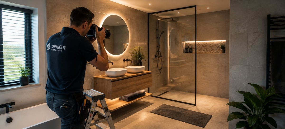Vakman fotografeert een pas opgeleverde badkamerrenovatie voor zijn portfolio — professioneel projectfotografie voor Google Bedrijfsprofiel