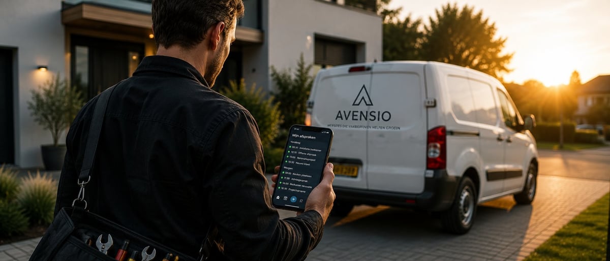 Technician in black jacket holding tablet reviewing work schedule beside white Avensio service van at residential driveway during sunset