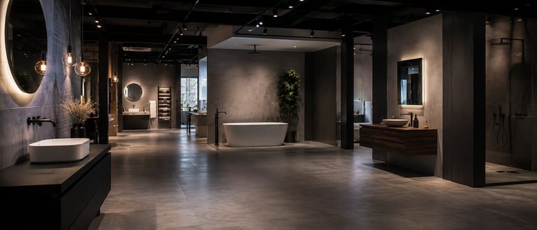 Modern bathroom showroom displaying multiple sink vanities, bathtub, and fixtures with contemporary lighting and dark interior design