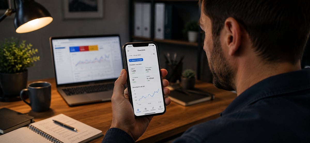 Ondernemer bekijkt op zijn telefoon het prestatieoverzicht van zijn Google Bedrijfsprofiel naast een laptop met analytics-dashboard