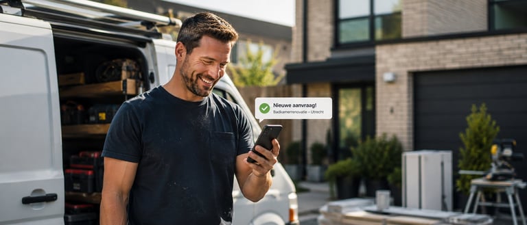 Man in dark t-shirt holding smartphone outside a white van, with modern house and courtyard in background