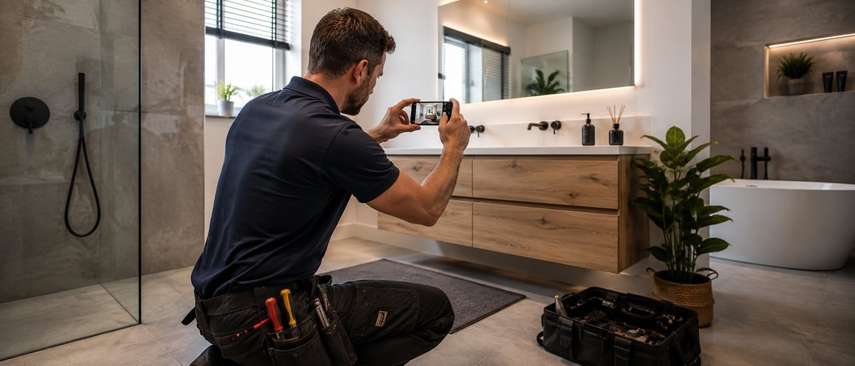 Contractor photographing modern bathroom renovation with wooden vanity, white freestanding tub, and tile walls