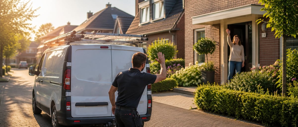 Service worker in black shirt standing near white van outside brick house during golden hour sunset