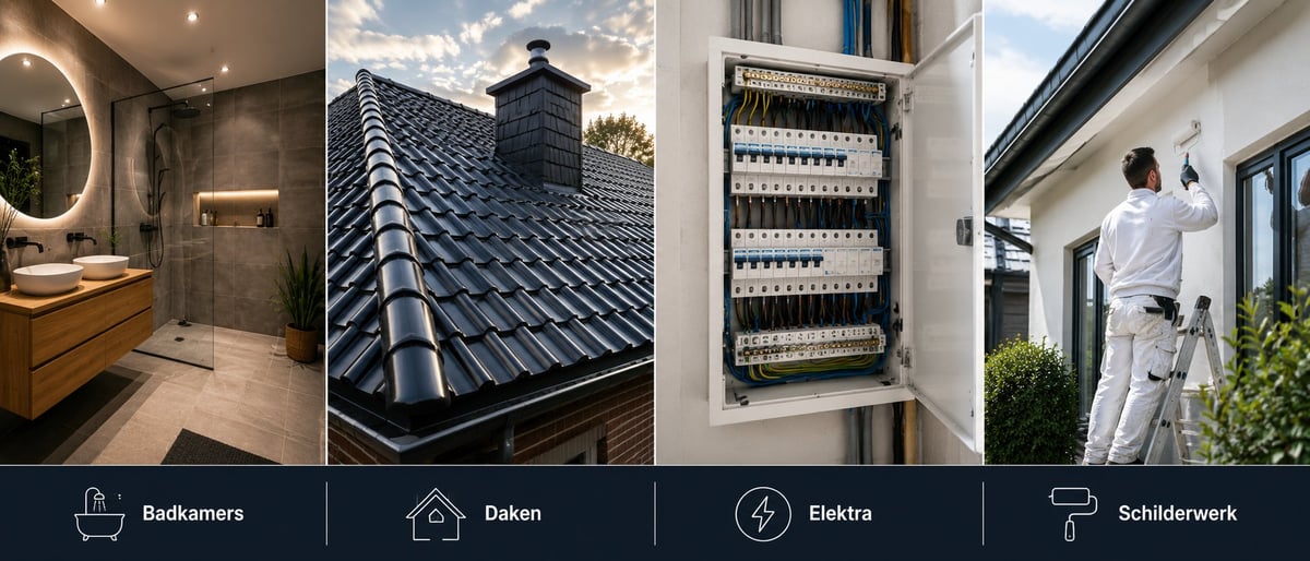 Vier veelvoorkomende vakwerk-categorieën: badkamerrenovatie, dakwerk, elektra en schilderwerk — voorbeelden van professioneel projectfotografie