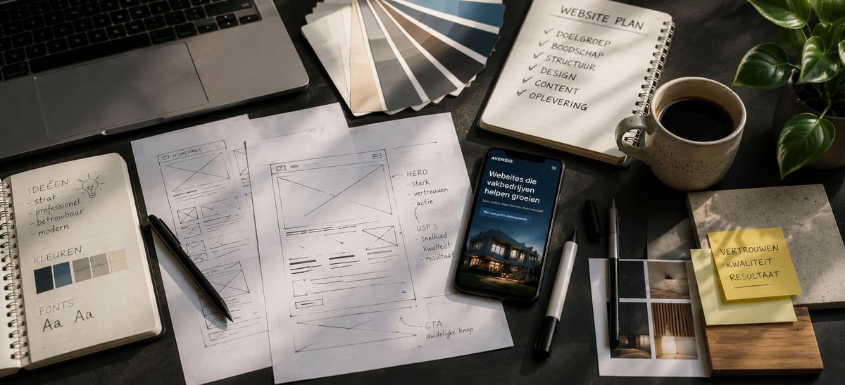 Designer workspace with laptop, sketches, color swatches, coffee, phone, and design materials on black desk