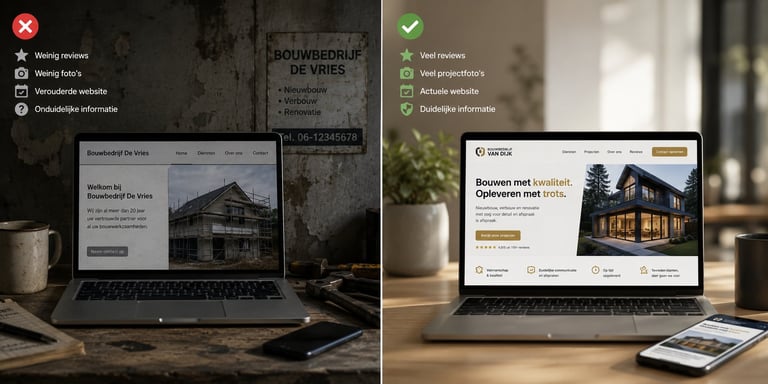 Split screen comparison showing before and after versions of a website design displayed on laptop and mobile devices on wooden desk with coffee cup
