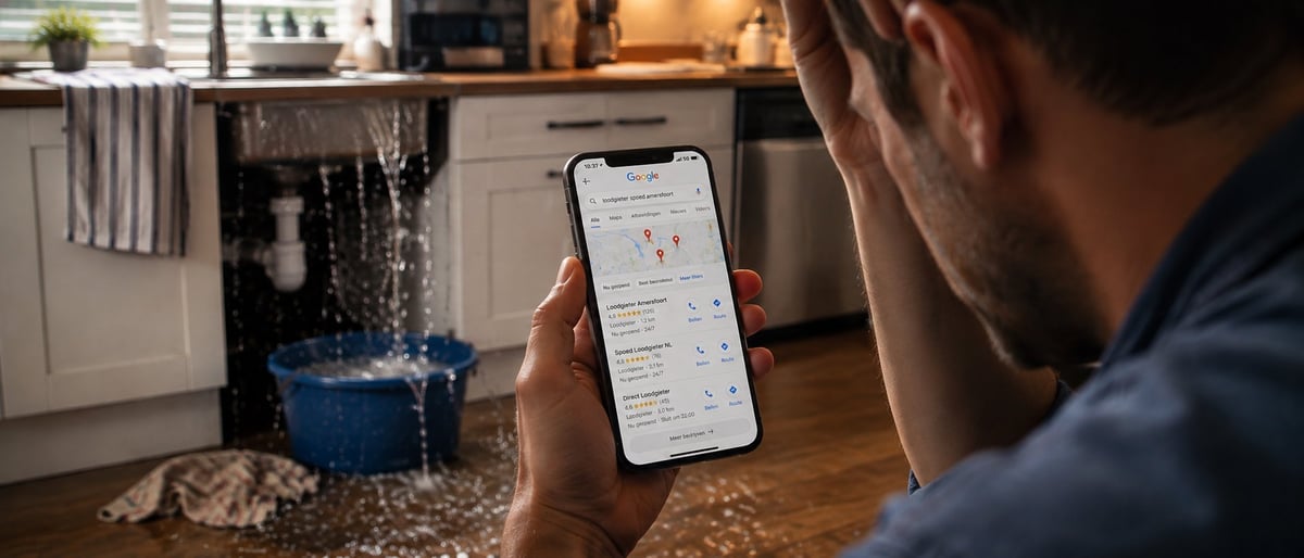Man zoekt op zijn smartphone in de keuken naar een lokaal vakbedrijf via Google — mobiel zoekgedrag voor lokale diensten