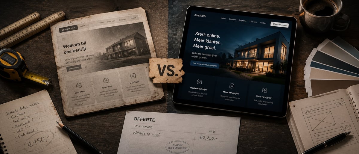 Two website designs displayed on laptop and tablet showing dark and light themes, surrounded by design mockups and sketches