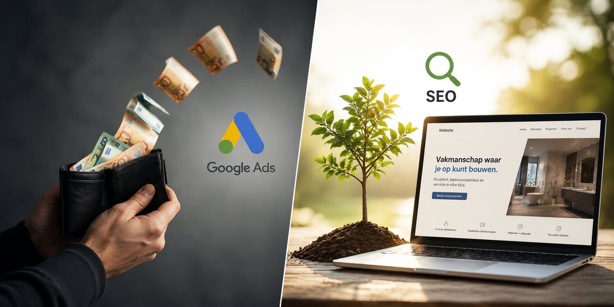 Split image showing Google Ads concept on left and SEO growth concept on right