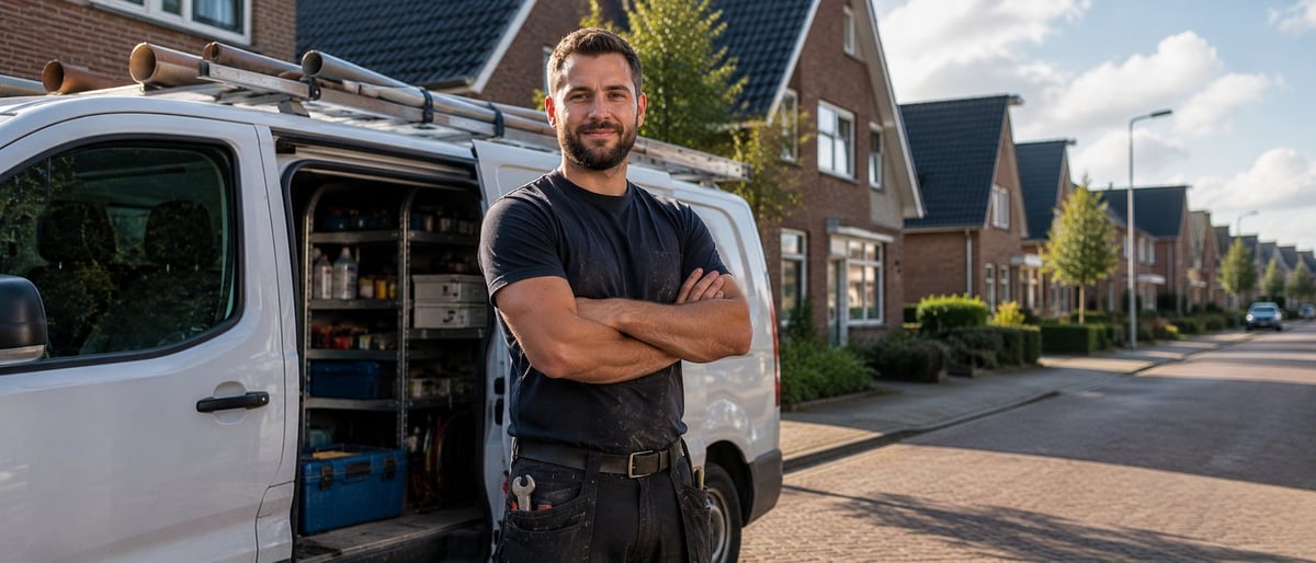 Tradesman with crossed arms standing in front of an open work van on a residential street
