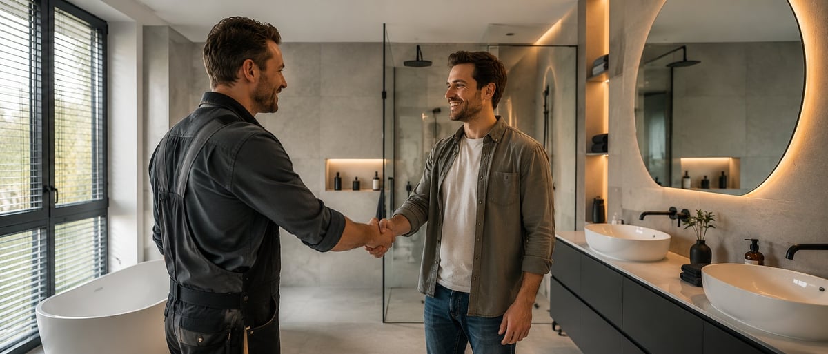 Two men shaking hands in a modern bathroom with double sink vanity and round mirror, contractor delivering finished project to client