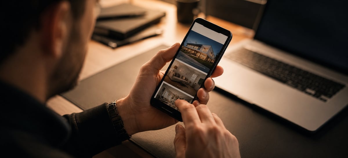 Person holding smartphone displaying photo gallery app, working at desk with laptop and documents