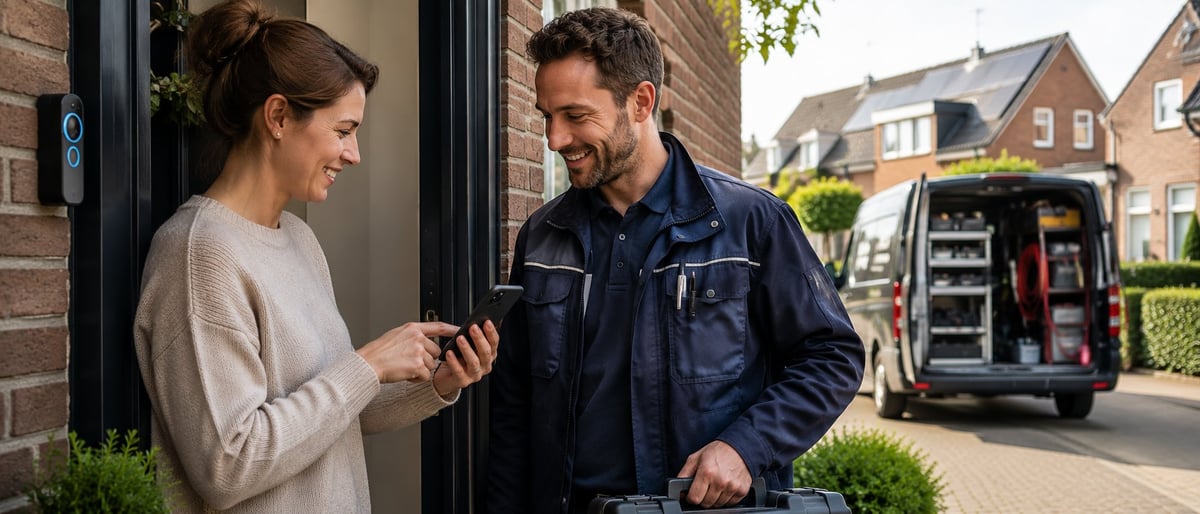Woman in beige sweater receiving package from delivery man in blue jacket at home doorway