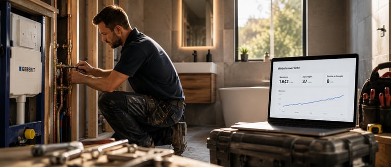 Craftsman installing door frame in construction site with laptop displaying analytics nearby