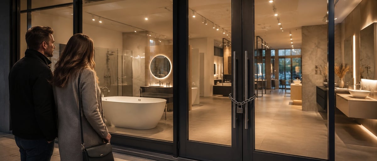 Couple viewing luxury bathroom showroom display through large glass storefront windows at night with door locked by chain