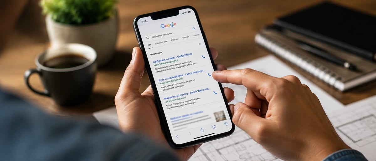 Person holding smartphone displaying Google search results, sitting at desk with coffee cup and office supplies