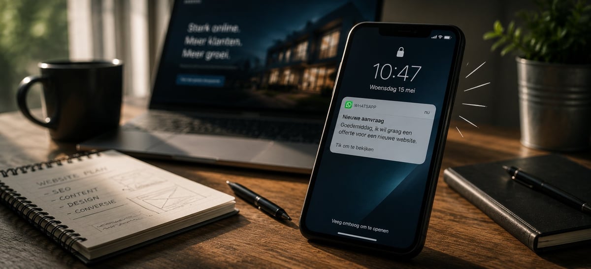 Smartphone displaying WhatsApp notification with new website inquiry on wooden desk with notebook, pen, coffee mug, and computer monitor