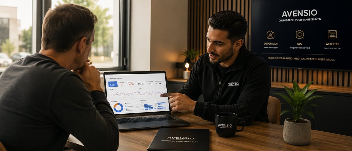 Two men discussing business analytics on a laptop at a wooden desk with Avensio branding visible in background