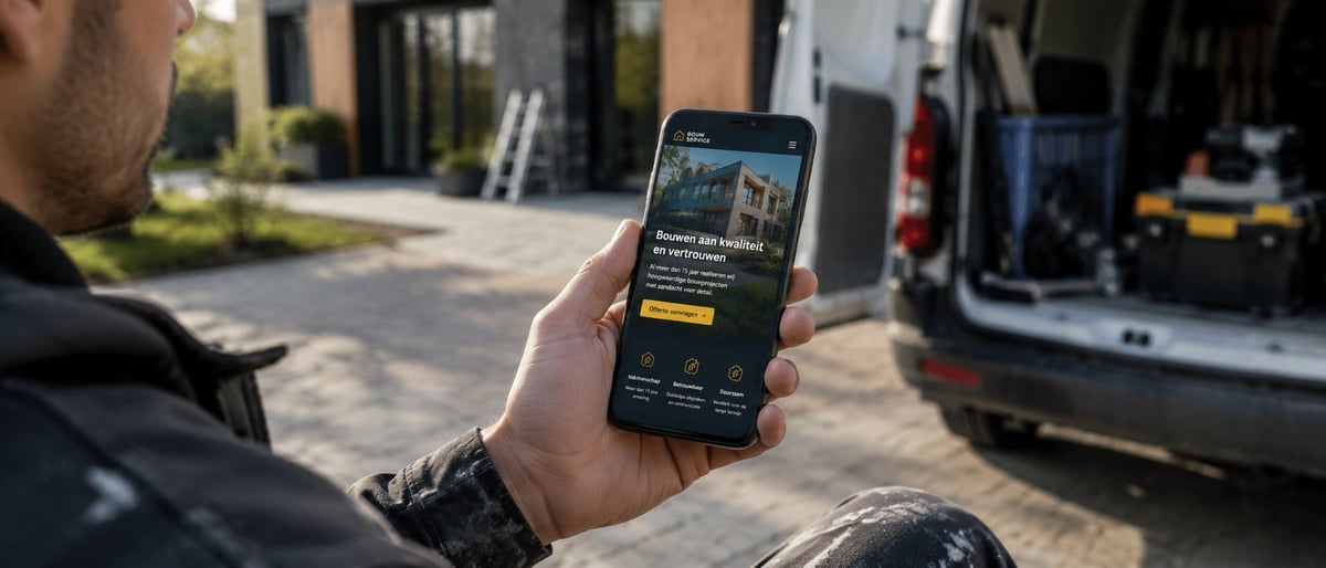Person holding smartphone displaying real estate or property listing app with house information and yellow button, standing outdoors near parked vehicle