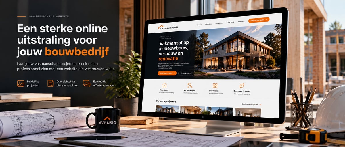 Desktop setup showing real estate website on monitor with Dutch marketing text and luxury property imagery