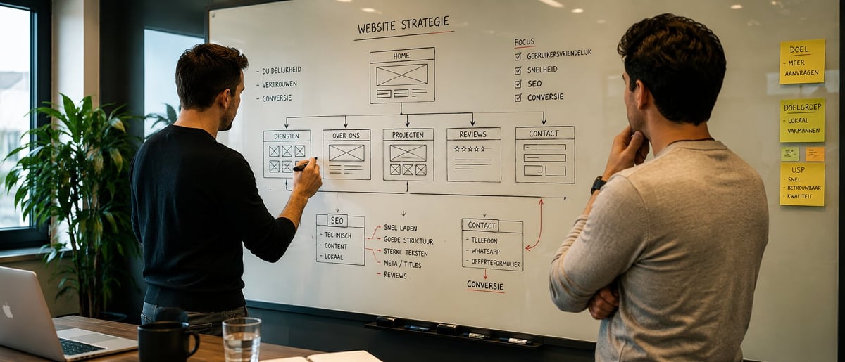 Two men reviewing a website strategy flowchart drawn on a whiteboard in an office setting
