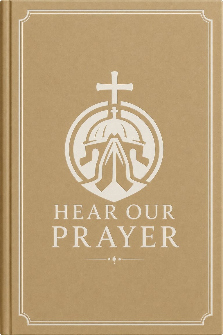 Tan book cover with white decorative cross and praying hands symbol, text reads Hear Our Prayer