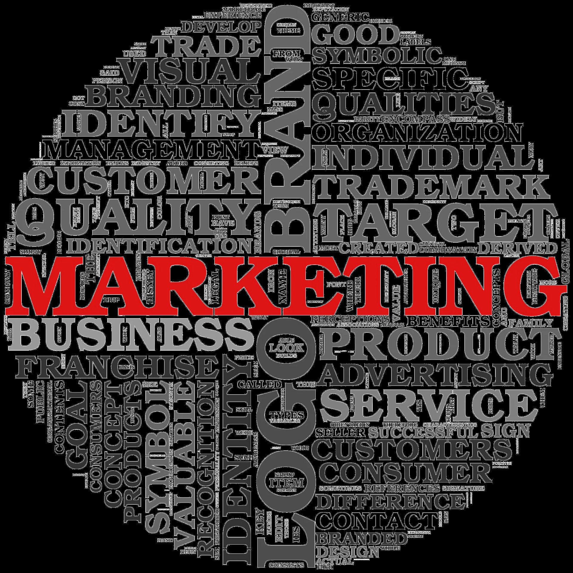 Word cloud in circular shape with MARKETING in large red text at center, surrounded by related business and advertising terms in gray