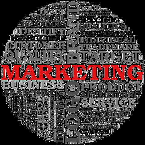 Word cloud in circular shape with MARKETING in large red text at center, surrounded by related business and advertising terms in gray