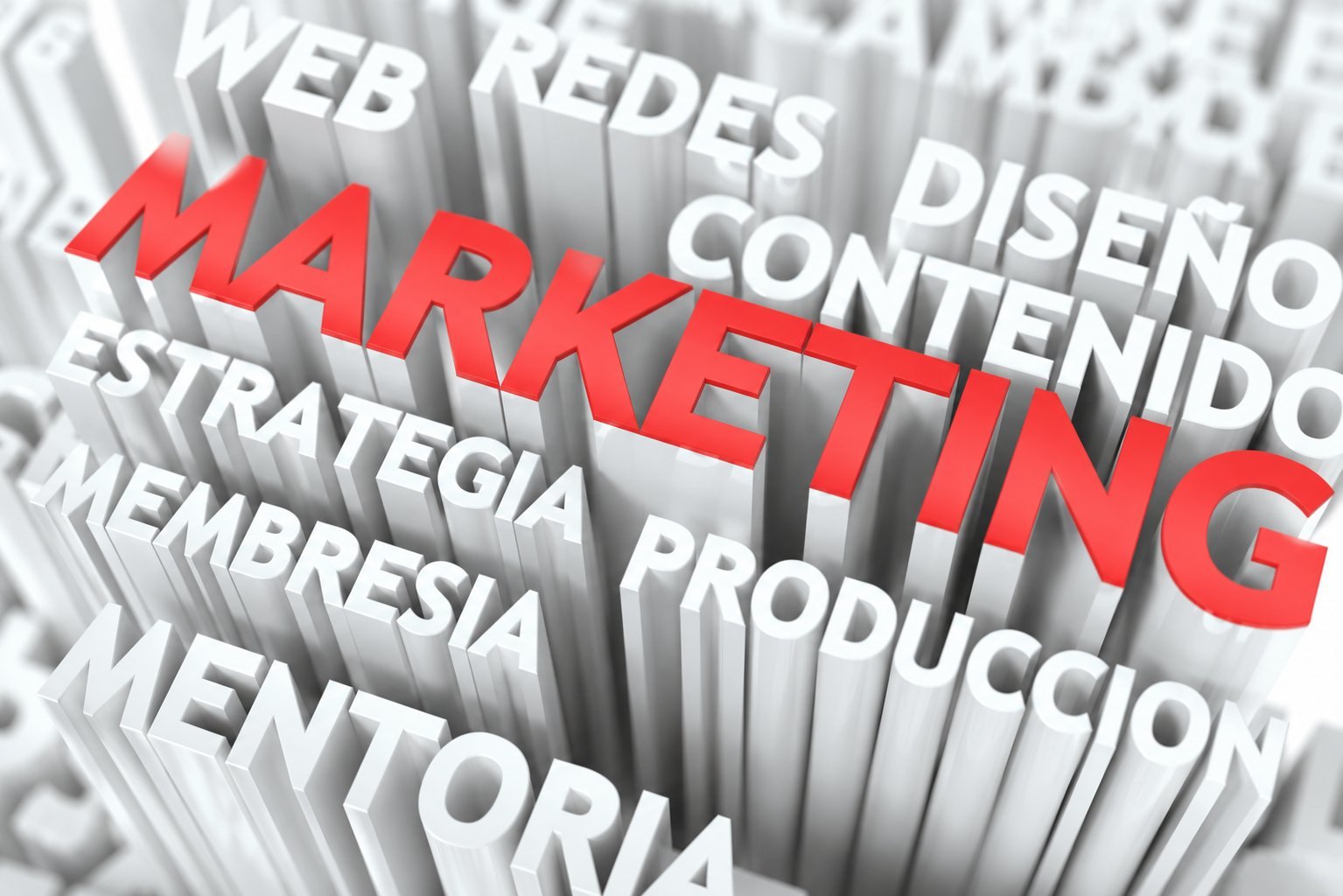 3D graphic with red MARKETING text prominent among white Spanish marketing-related words like estrategia, diseño contenido, and producción