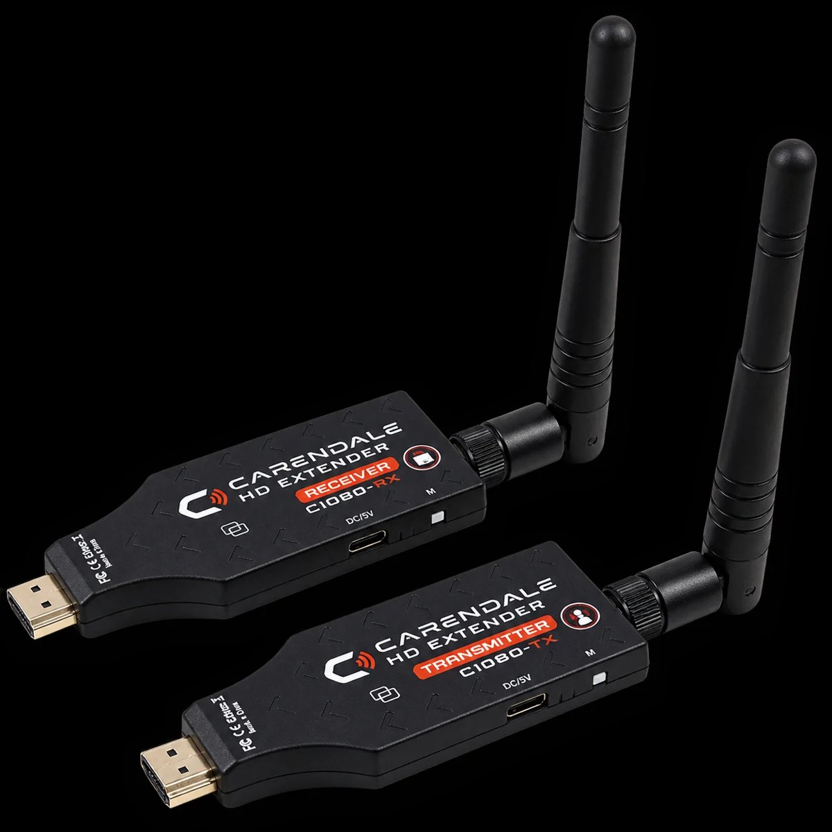 Two black wireless HDMI transmitter and receiver units with extended antennas on a dark background