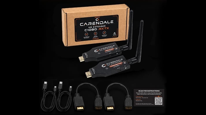 Cinedale wireless video transmission system components including two transmitter/receiver units with antennas, cables, and packaging box