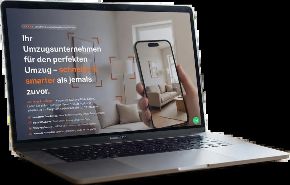 Laptop mit der Movatrans-Website, die auf dem Bildschirm ein Smartphone mit einem Innenraum zeigt
