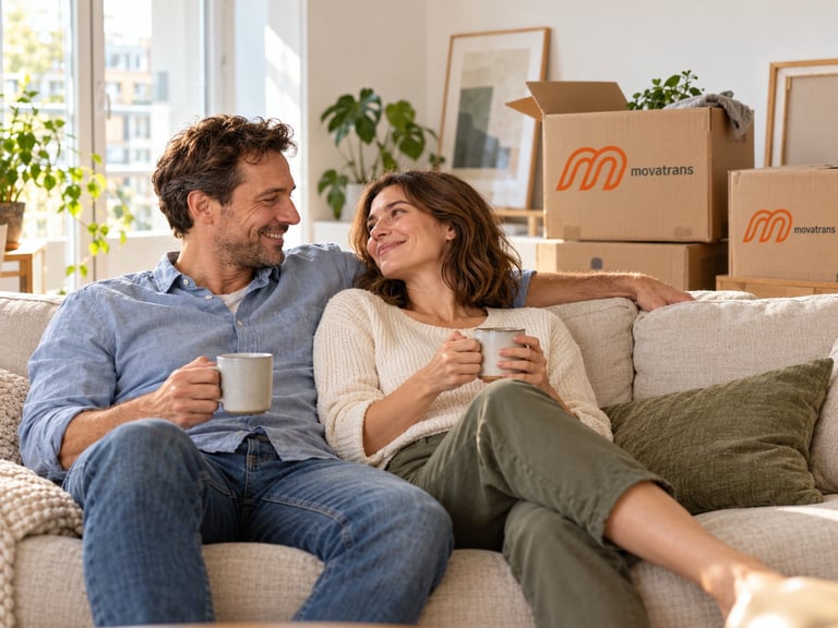 Couple sitting on couch holding mugs with moving boxes stacked behind them in bright apartment