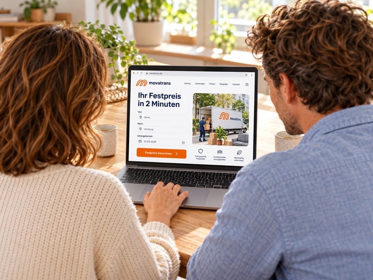 Two people viewed from behind looking at a laptop screen displaying a German real estate website in a bright living room with plants
