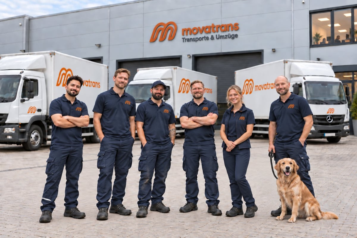 Movatrans logistics team of seven workers in dark uniforms standing in front of company trucks and warehouse with a golden retriever dog.