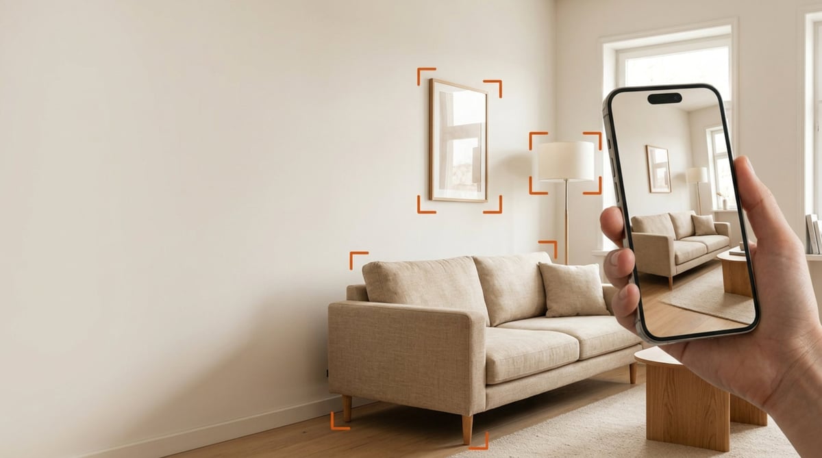 Hand holding smartphone displaying AR view of beige sofa and decor in minimalist living room