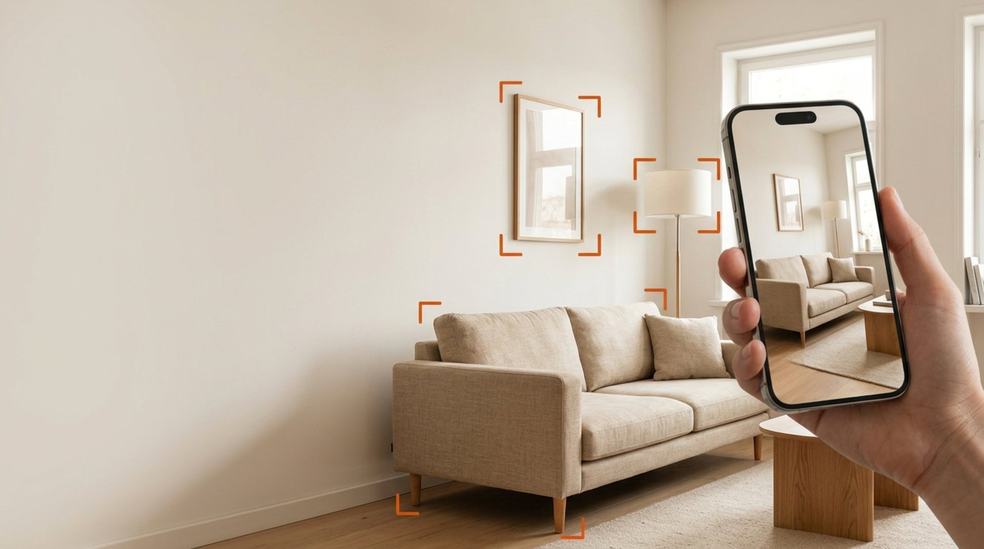 Hand holding smartphone displaying AR view of beige sofa and decor in minimalist living room