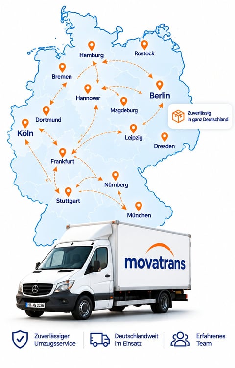 Map of Germany showing movatrans delivery network with arrows connecting major cities and a white Mercedes moving van below