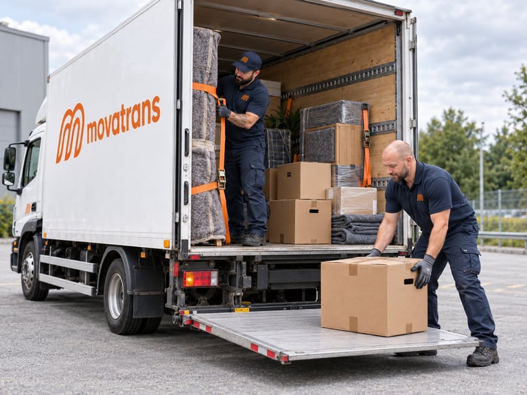 Two movers unloading cardboard boxes from a white Movatrans delivery truck with ramp extended