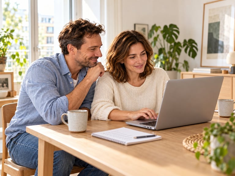 Man and woman sitting at a wooden desk with a laptop, notebook, and coffee mug in a bright, plant-filled home office